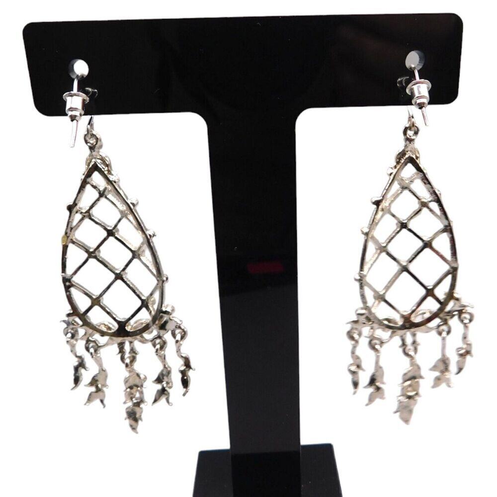 Earrings Wire Lattice Dangle Rhinestone Silver Tone Fashion Pierced SKU2043